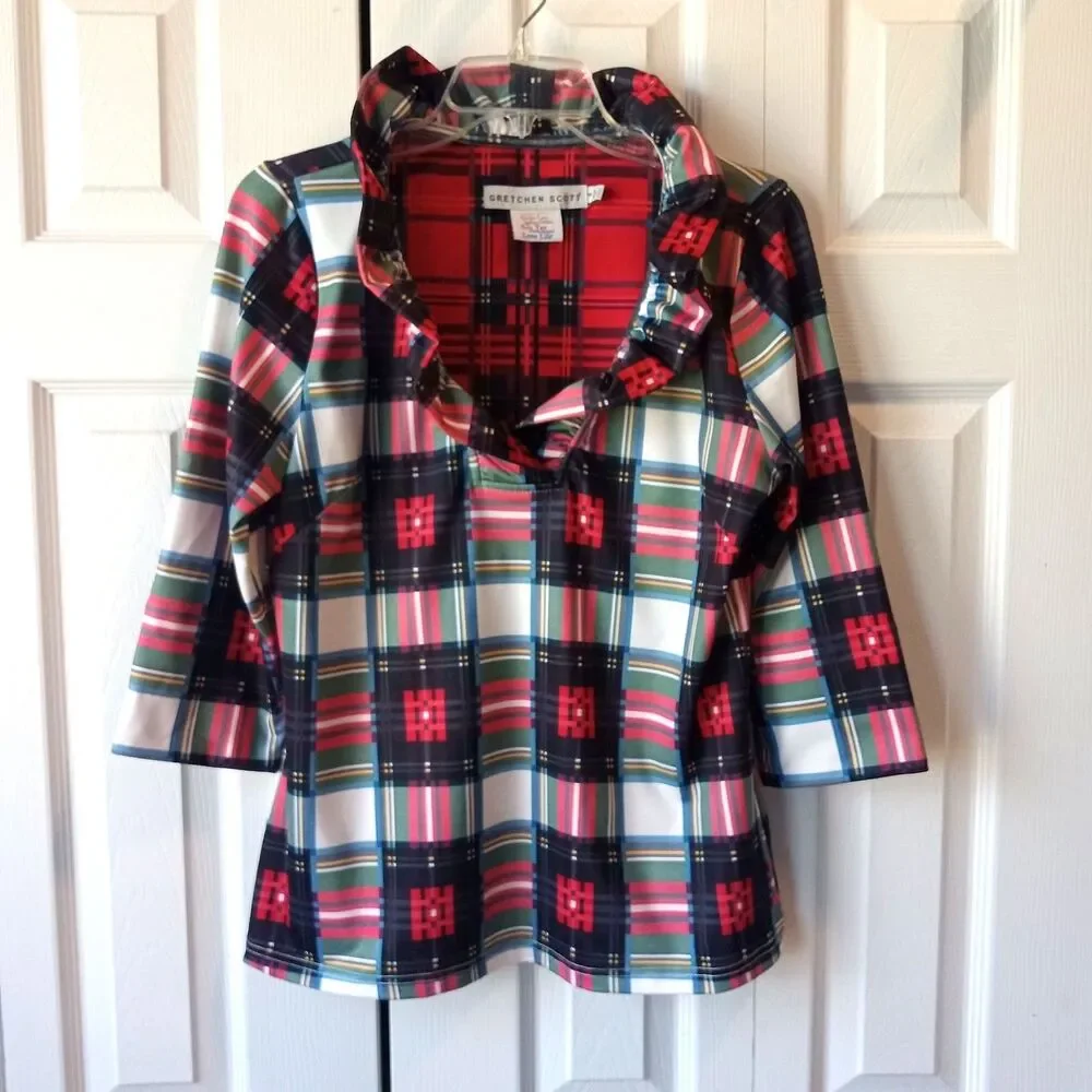 Gretchen Scott Size Small Ruffneck Top Plaidly Cooper - Picture 1 of 5